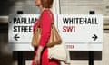 A woman wearing a red dress walks past a sign on Whitehall, London.