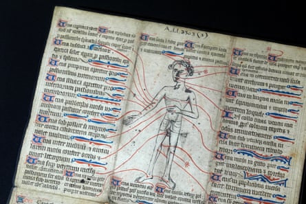 A diagram of a man’s body with red lines pointing to his veins at various points