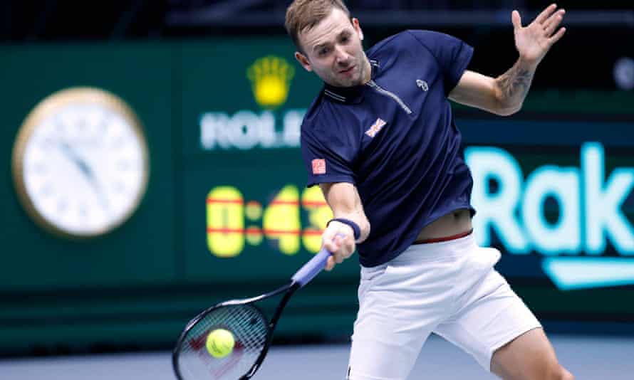 Dan Evans hits a return during his impressive win against Germany’s Peter Gojowczyk