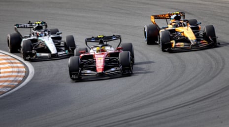 Andrea Kimi Antonelli (Mercedes), Lewis Hamilton (Ferrari) and Lando Norris (McLaren) battle for position.