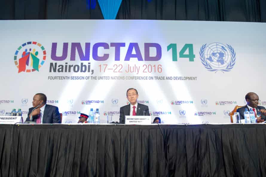 UN secretary general Ban Ki-moon, centre, prepares to address the 14th session of the UN Conference on Trade and Development in Nairobi