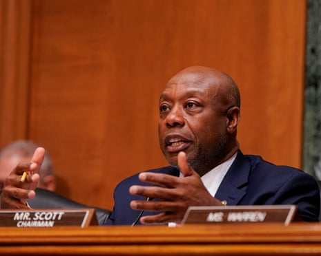 Tim Scott speaks as Kevin Warsh, Donald Trump’s nominee to be next chair of the Federal Reserve, attends a Senate banking committee confirmation hearing, 21 April 2026.