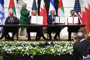 Israeli Prime Minister Benjamin Netanyahu and the foreign ministers of Bahrain and the United Arab Emirates sign historic accords normalizing ties.