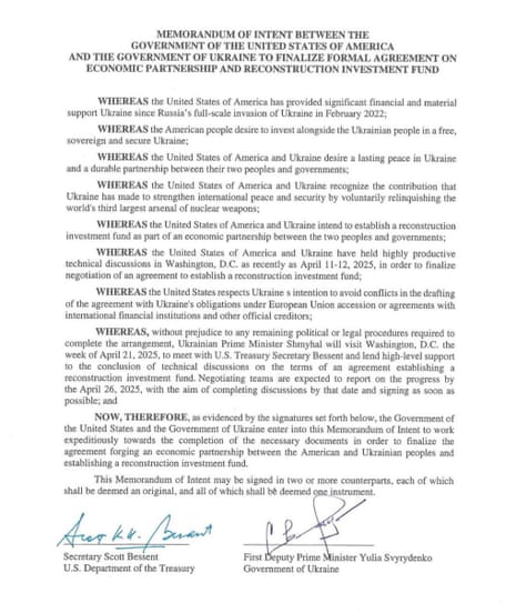 The memorandum of intent to be signed next week by Ukraine and the US over a minerals deal.