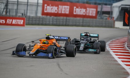 McLaren’s Lando Norris (left) skidded off the track with two laps to go after being unable to cope with the wet conditions.