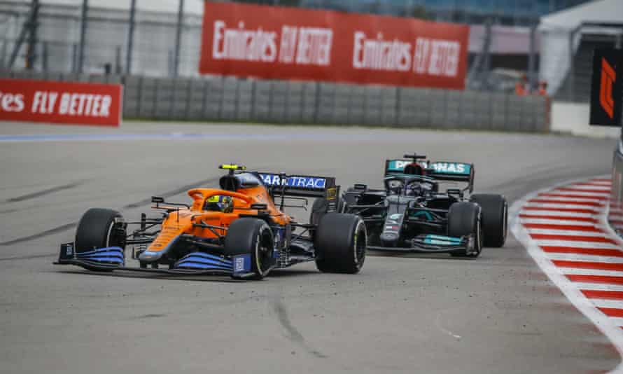 McLaren’s Lando Norris (left) skidded off the track with two laps to go after being unable to cope with the wet conditions