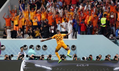 Denzel Dumfries of Netherlands celebrates after scoring the team’s third goal