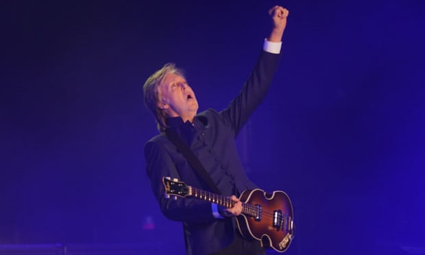Paul McCartney performing on the Pyramid stage.