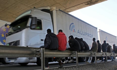 UK-bound truck drivers wait to enter the channel tunnel
