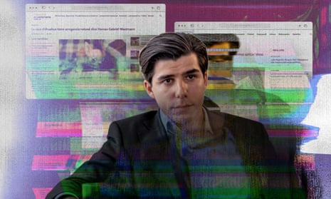 Composite image of the Eliminalia founder Diego 'Didac' Sanchez with spam images of articles that have been used to hide previous wrongdoings by individuals or companies in the background