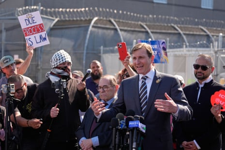 Cam Higby, a rightwing activist disguised as a pro-Palestinian activist, disrupted a news conference with the Democratic congressmen Jerry Nadler and Dan Goldman outside the Delaney Hall immigration detention center in Newark, New Jersey on Wednesday.