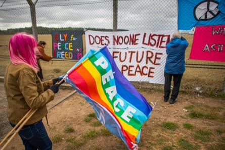 Peace protesters with flags