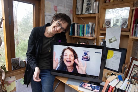  Zana Fraillon  at her home in Melbourne with Bren MacDibble on the computer via  zoom from Western Australia.