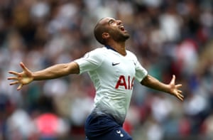Lucas Moura celebrates after scoring Tottenham’s opener, helping Spurs beat Fulham 3-1 at Wembley.