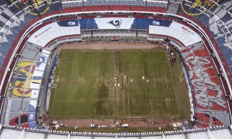 Mexico’s Azteca Stadium is seen from above with Los Angeles Rams branding already in place. The game has been moved to LA with just six days’ notice.