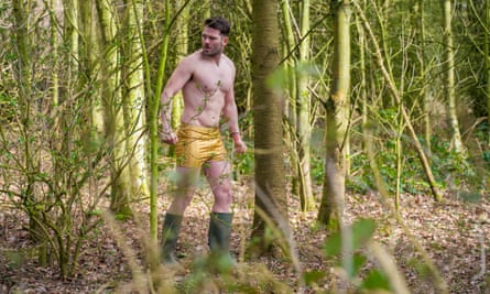Drew (Ben McGregor): muscular young man in gold hotpants and green wellies hides in the woods