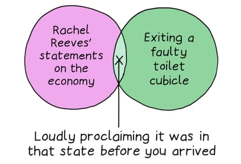 1 Rachel Reeves's statements on the economy/Exiting a faulty toilet cubicle (Caption: Loudly proclaiming it was in that state before you arrived); 2 Vets not publishing their prices/Your child making a two-minute appearance in a three-hour school play (Caption: Unknowingly committing to a staggering investment); 3 More details on the Epstein/Andrew relationship/Using my new drain snake (Caption: Keeps revealing yet more revolting nuggets), panel 1