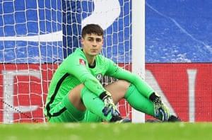 Chelsea’s Kepa Arrizabalaga looks dejected after Jordan Clark scored Luton Town’s first goal.