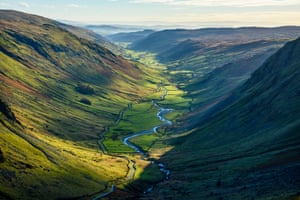 Looking down Longsleddale from Steel Rigg in the Lake District, with the River Sprint and the track to Gatescarth Pass nearby.
