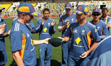 Australian spinner Xavier Doherty is presented with his baggy green cap by Ricky Ponting before making his Australian Test debut in 2010.