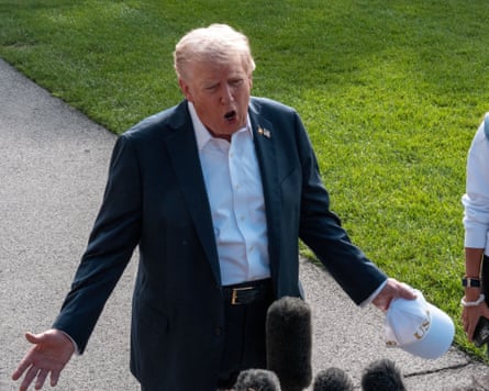 Trump speaks to press before departing the Ryder Cup golf tournament in September 2025. Sep 2025