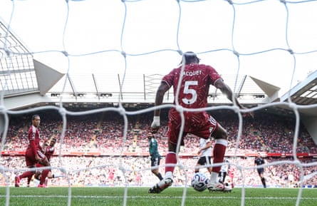 Jérémy Jacquet clears the ball from the Liverpool goal line during the Premier League match against Fulham.