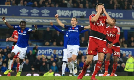 Everton players celebrate after Tom Cleverley’s last-gasp missed penalty for Watford.
