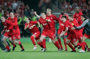 The Liverpool players celebrate Dudek’s match-winning penalty save.