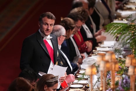 French president Emmanuel Macron delivering a speech at the state banquet at Windsor Castle last night.