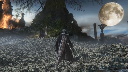 Image from video game Bloodborne, in which a character strides through a crop field in the moonlight, with a sword on their back.