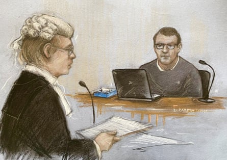 A sketch of a KC speaking to a man sat with a laptop