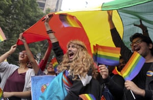 Participants displays a rainbow flag and cheer as gay rights activists and their supporters march during a gay pride parade in New Delhi