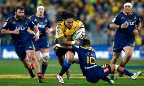 Ma’a Nonu is tackled by Lima Sopoaga during the Super Rugby final.