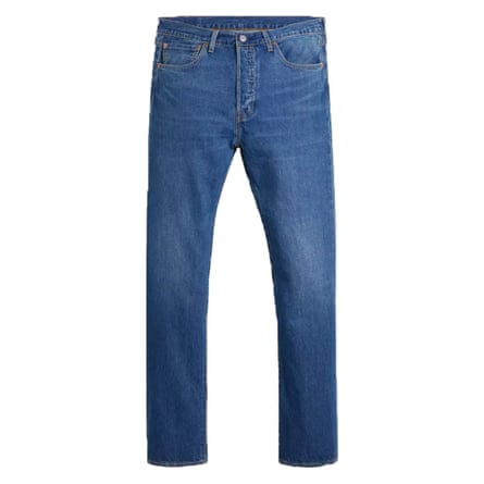 A pair of blue Levi’s 501 jeans on a white background.