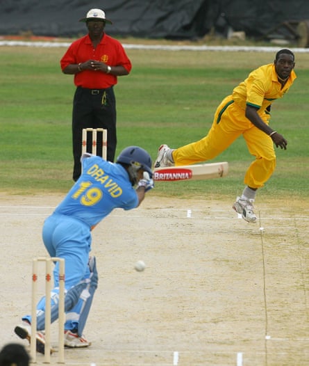 Lawson bowls Rahul Dravid during a warmup match in Montego Bay in 2006.