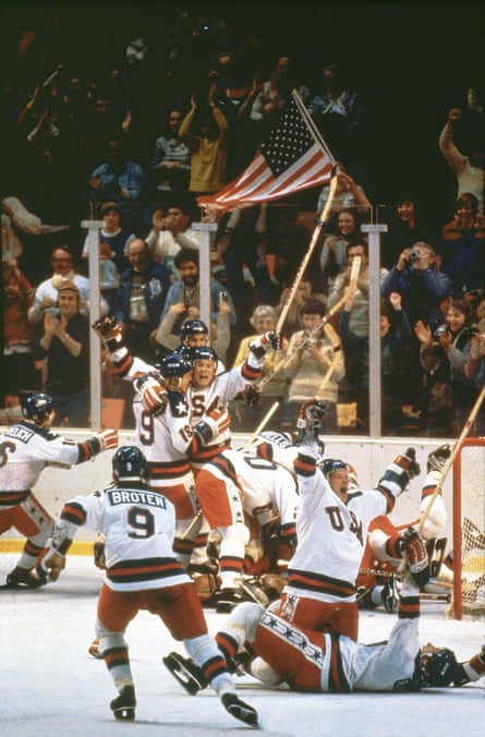 Team USA celebrate their 4-3 victory over the Soviet Union in the semi-final Men’s Ice Hockey event at the Winter Olympic Games in Lake Placid, New York on February 22, 1980. The game was dubbed ‘the Miracle on Ice’