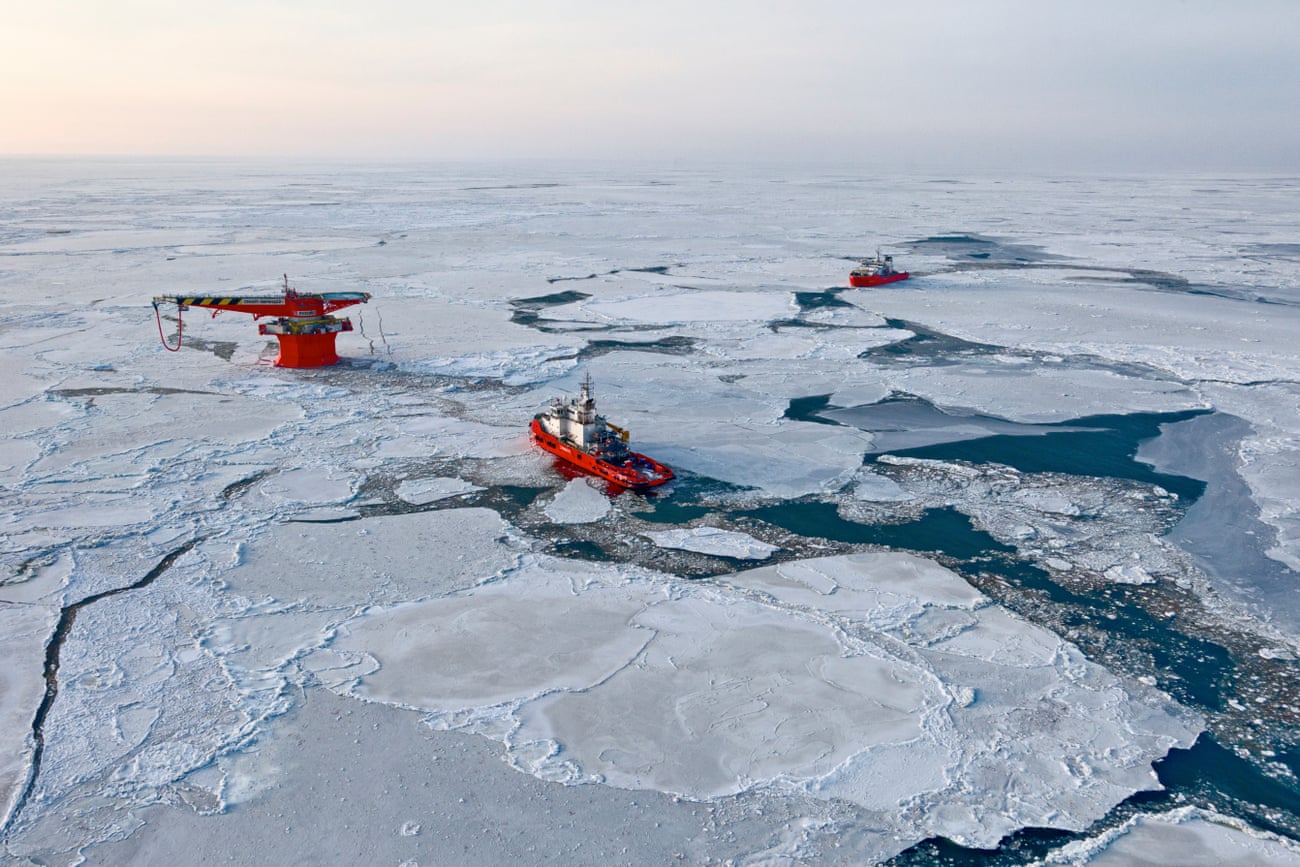 The world’s most northerly oil terminal (according to the Guinness Book of Records). The LUKoil terminal, off Russia’s Arctic shore, serves tankers using the Arctic route between Europe and Asia, and is another step in Russia’s push towards the North Pole. The two boats are ice-breakers working round-the-clock.