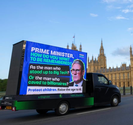 A mobile billboard on the back of a vehicle outside Houses of Parliament in London, displaying a message asking how Keir Starmer wants to be remembered and whether he will stand up to ‘Big Tech’