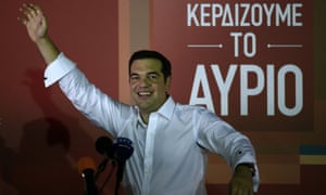 Alexis Tsipras, waves to his supporters after his general election victory in Athens.