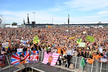 McLaren fans gatahered at the stage prior to practice ahead of the F1 Grand Prix of Great Britain at Silverstone Circuit.