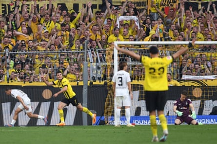 Gio Reyna celebrates after sealing a chaotic 5-2 win for Dortmund