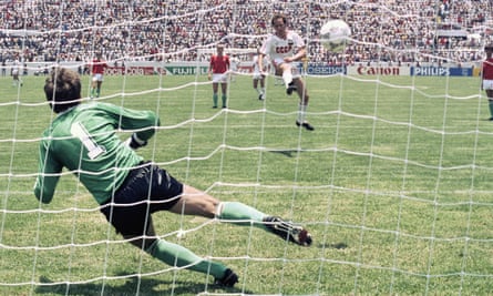 Dynamo Kyiv’s Igor Belanov rams a penalty into the net during the Soviet Union’s 6-0 win over Hungary at the 1986 World Cup