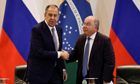 Russia's foreign minister, Sergei Lavrov, meets his Brazilian counterpart, Mauro Vieira, in Brasília, Brazil, on Monday.