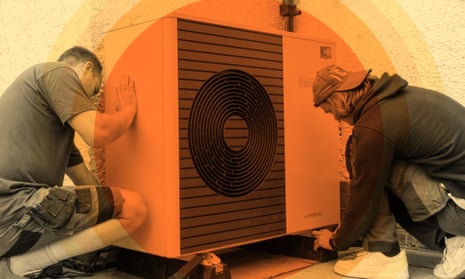 Illustration shows two engineers installing a heat pump