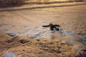 A child plays on the frozen Semenovskoye lake
