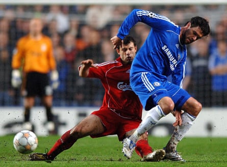 Liverpool’s Javier Mascherano and Chelsea’s Michael Ballack tussle for the ball at Stamford Bridge in April 2008