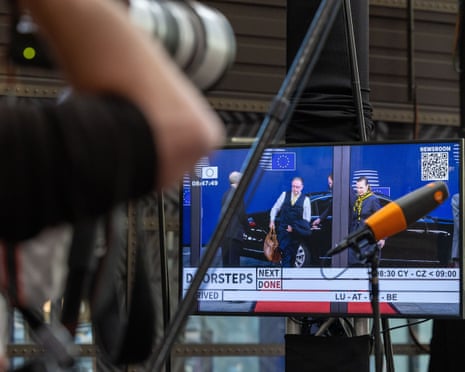 Belgian PM Bart De Wever seen on monitor arriving at European Council summit.