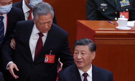 Former Chinese president Hu Jintao and President Xi Jinping attend the closing ceremony of the Chinese Communist party’s 20th national congress