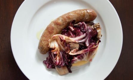 ‘Dense and chunky’: saddleback sausage with polenta and braised lettuce.