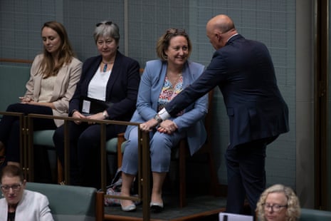 Peter Dutton talking to Vicki Treadell and Anne Marie Trevelyan